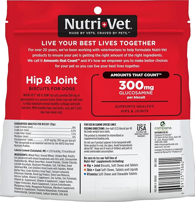 Nutri-Vet Hip & Joint Biscuits for Dogs, Dog Hip & Joint Supplement, Functional Treat, Large Sized Biscuit, 300mg of Glucosamine, 6 lb Bag