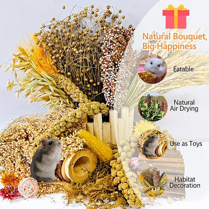 Natural Hamster Flower & Herb Habitat Deocr, Hamster Sprays Herbs Bedding Mate, Hamsters Cage Enrichment Decoration Accessories for Gerbil Dwarf Syrian Hamsters Mouse Guinea Pig Mice or Small Animals