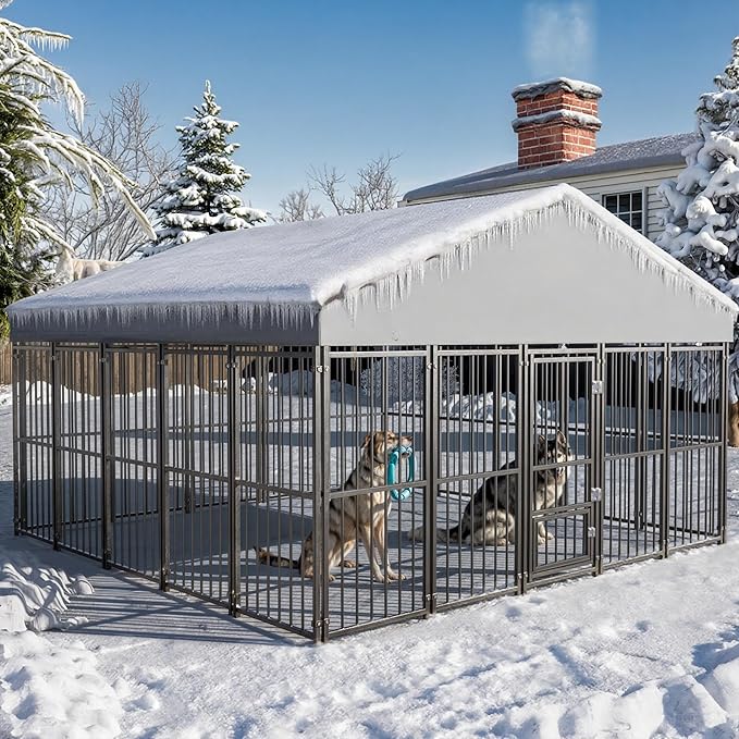 10X10FT Large Dog Kennel Outside with Feeding Door, Heavy Duty Dog Cage with Roof and Double Safety Locks, Outdoor Dog Enclosure for Pets