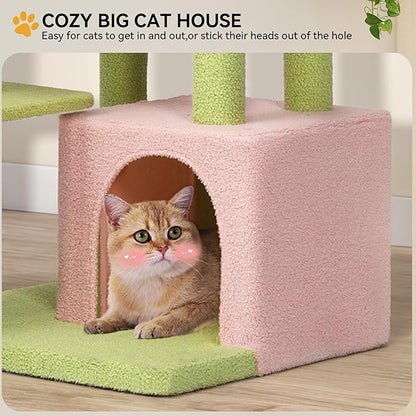 YITAHOME 65in Tall Flower Cat Tree Tower: Cute Kitten Climbing Tower for Indoor Cats with Kitty Condo Basket Tunnel Sisal Scratching Posts and Board, Pink and Green