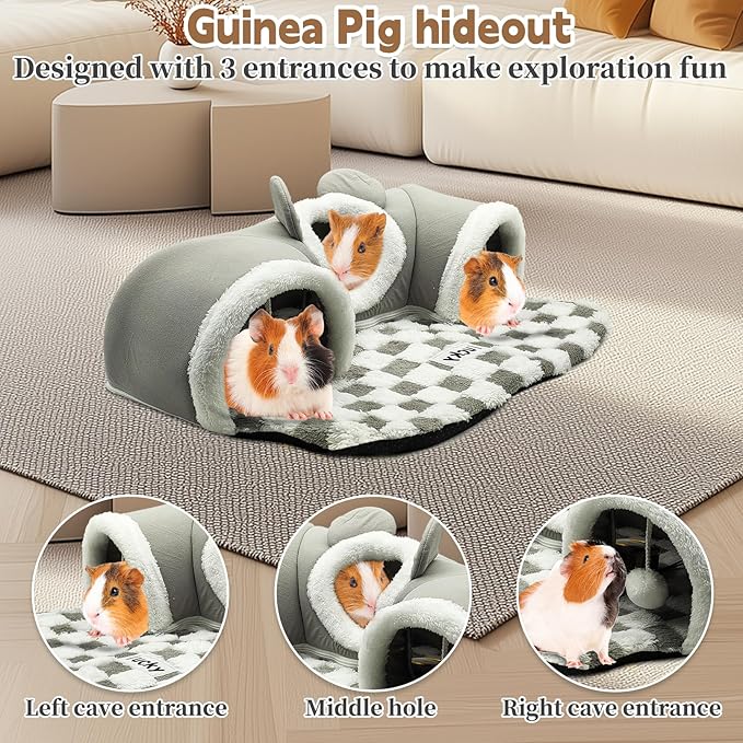 PINVNBY 3 Pcs Guinea Pig Hideout and Tunnel Bed, Removable Soft Bunny Tunnel Tube with Guinea Pig Liner Small Animal Tunnel Toy for Ferrets Hamster Hedgehog Kitty Chinchilla（Gray）
