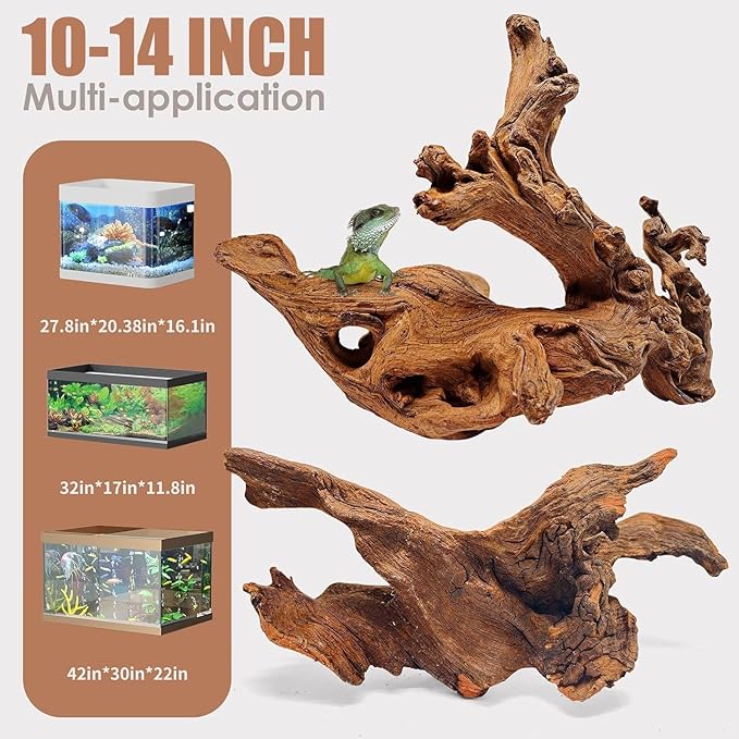 Natural Aquarium Driftwood for Fish Tanks & Reptile Terrariums – Safe Fish Tank Decorations, Unique Twisted Branches 2-Piece 10-14 Inch Low Tannin, Easy to Sink