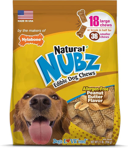 Nylabone Nubz Natural Dog Chew Treats for Large Dogs, Long Lasting Dog Bones Made in USA, Peanut Butter Flavor Breath Freshener Dental Chews, for Dogs Up to 50 lbs. (18 Count)
