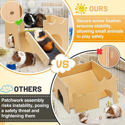 Upgraded Guinea Pig Castle, Sturdy Wooden Guinea Pig Hideout, Small Animal House Bed Hut Habitats with Stairs, Easy to Assemble for Hamsters Bunny Chinchillas Playing Hiding