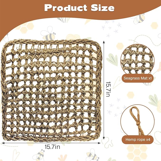 kathson Rabbit Hammock Swing 15.7 x 15.7 inch Rabbit Natural Seagrass Activity Zone Mat Guinea Pig Hammock Bunny Chew Toys for Small Animal Ferret Parakeet Bearded Dragon Chinchilla