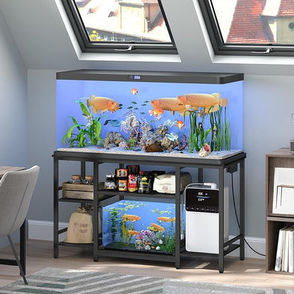 55-75 Gallon Fish Tank Stand with Power Outlet, 3-Tier Metal Frame Aquarium Stand, Heavy Duty Reptile Terrarium Tank Stand, 52.0" L x 19.7" W x 29.9" H, 800 LBS Capacity, Black FTBK55E01
