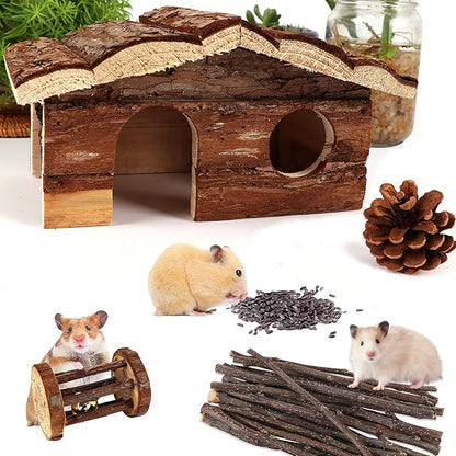 ZALALOVA Hamster-Chew-Toys Pet Activity Structure, 17 Pack Wooden Accessories with House, Food Bowl, Activity Toys for Mouse, Rats, Gerbils, Small Birds