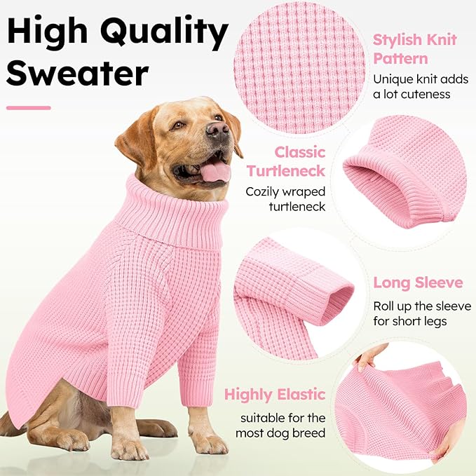 Queenmore Dog Sweaters for Small Dogs Girl, Turtleneck Fall Pet Sweaters, Waffle KnitSweater for Doggie, Cat Sweater Puppy Coat, Pink XS