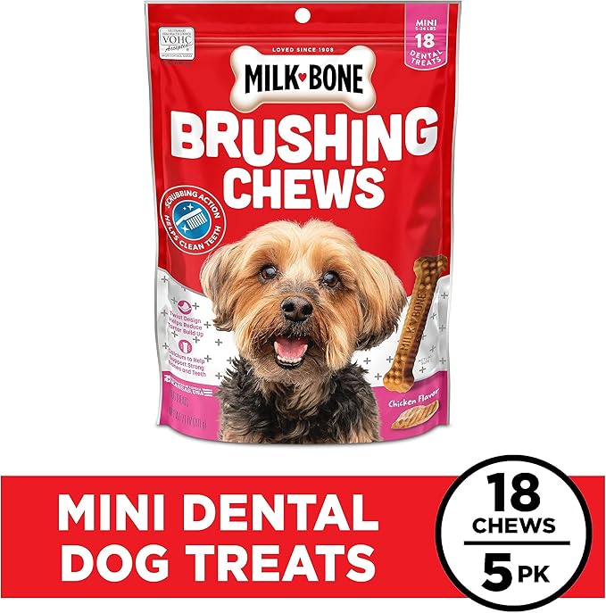 Milk-Bone Original Brushing Chews, 18 Mini Daily Dental Dog Treats (Pack of 5) Scrubbing Action Helps Clean Teeth