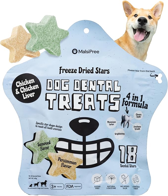 MalsiPree Freeze Dried Dental Chews for Dogs - Clean, Brighten, Freshen Breath & Minimize Tartar - Dog Teeth Cleaning Chews - Anti-Choke - Natural Lysozyme (Chicken Base, 18 pc)