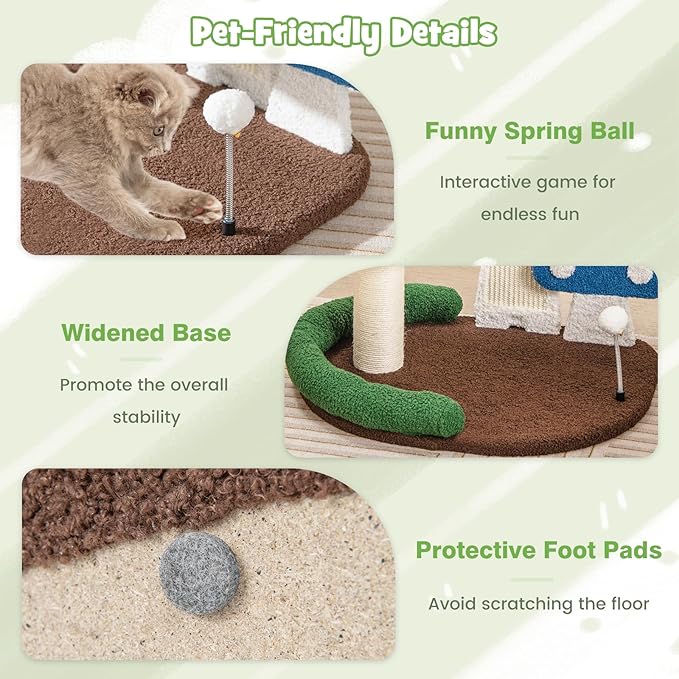 Tangkula Mushroom Cat Tree, Cute Cat Tower with Full-Wrapped Sisal Post, Scratching Board & Spring Ball, Cat Condo, Flower Cat Tree Tower for Indoor Cats Large Adult (23.5 Inch)