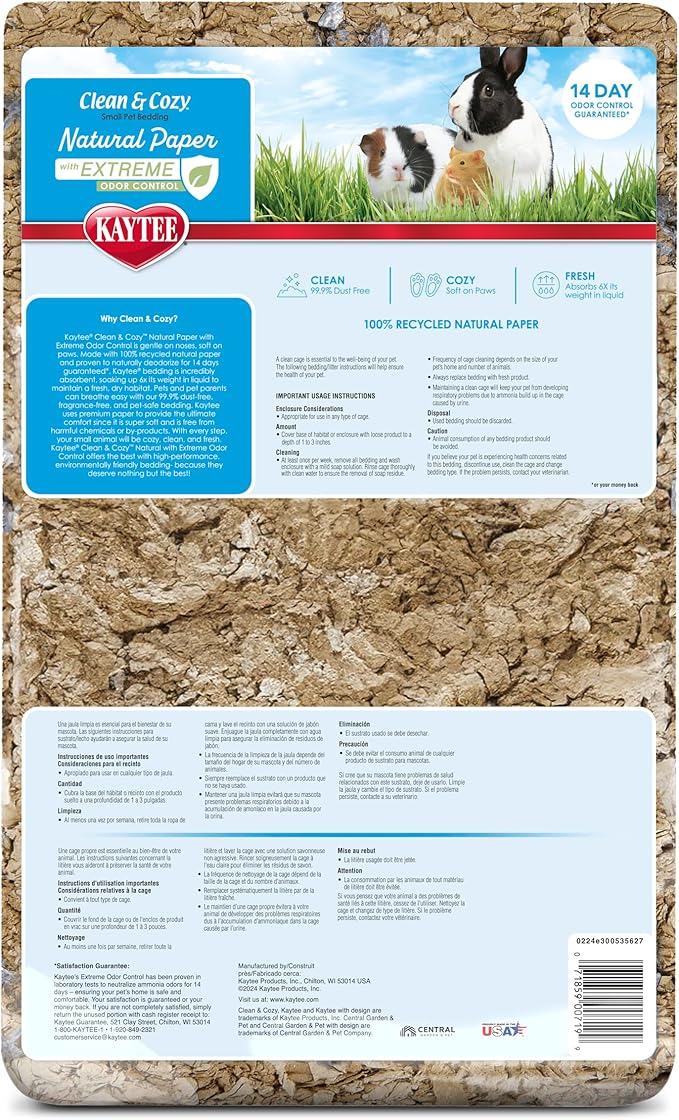 Kaytee Clean & Cozy Natural Paper with Extreme Odor Control Bedding, Made with 100% Recycled Paper