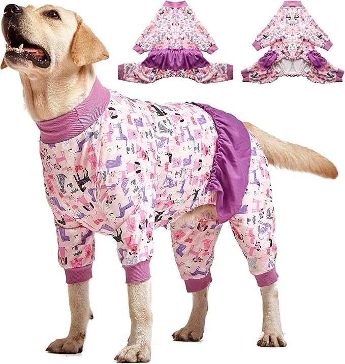 LovinPet Long Sleeve Onesie for Large Dogs, High Collar Cotton Dog Shirt, Anti-Shedding, Lightweight Stretchy Knit, Stop Shedding for Dogs, Pink Puppy Print, Shirt for Under Dog Dresses, Pet PJ's, L