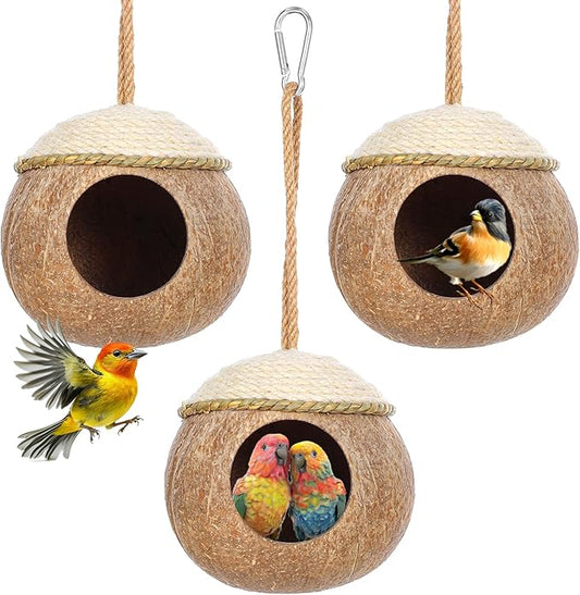3 Pcs Natural Coconut Bird Hide Nest Hut for Cage with Woven Straw Bird Parakeet Coconut Fiber Hanging Birdhouse Cage Habitats Decor for Parrot Cockatiel Lovebird Finch Squirrel Hamster