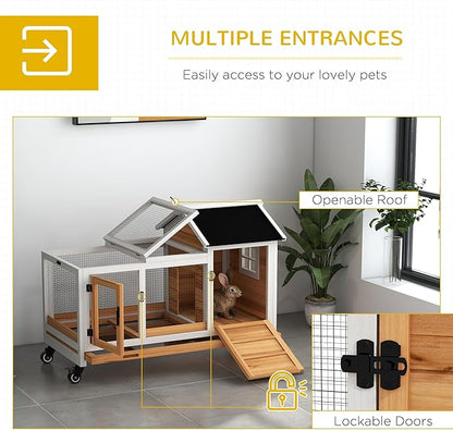 PawHut Indoor Outdoor Wooden Rabbit Hutch with Wheels, Large Bunny Hutch with Run & Slide-Out Tray for Small Animals, Guinea Pig, Yellow