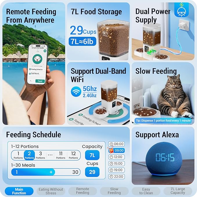 Automatic Cat Feeder 2 Cats with Slow Feed: Dual Automatic Dog Feeder with 5G WiFi, Cat Food Dispenser with APP Control for Multiple Pets, Detachable for Easy Clean,Large Food Storage-29 Cup