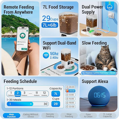 Automatic Cat Feeder 2 Cats with Slow Feed: Dual Automatic Dog Feeder with 5G WiFi, Cat Food Dispenser with APP Control for Multiple Pets, Detachable for Easy Clean,Large Food Storage-29 Cup