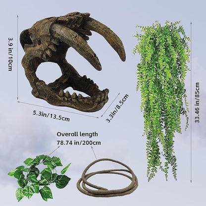 kathson Resin Sabertooth Tiger Skull Bearded Dragon Hideout Skull Reptile Jungle Climbing Vine Flexible Leaves Decor for Small Animals Leopard Gecko Lizard Chameleon Spider