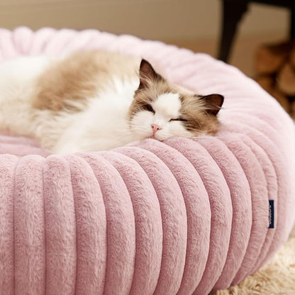 Bedsure Cat beds for Indoor Cats - Donut Dog Beds for Small Dogs with Corduroy Fleece & Anti Slip Bottom, Faux Fur Pet Beds with Washable Removable Cover, Blush Pink, 20x20x6 inches