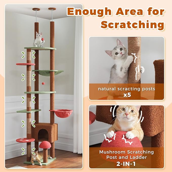 PETEPELA Floor to Ceiling Cat Tree, Adjustable 90.5''-100.4'' Cat Tower Mushroom Climbing Tree with Scratching Posts, Spacious Condo and Large Hammock for Indoor Cats Large Adult, Brown
