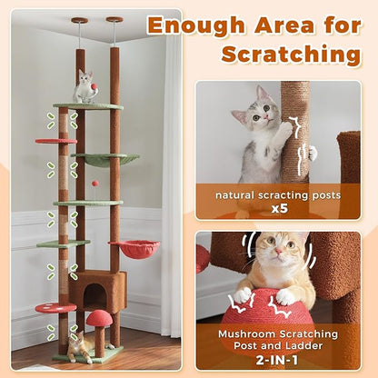 PETEPELA Floor to Ceiling Cat Tree, Adjustable 90.5''-100.4'' Cat Tower Mushroom Climbing Tree with Scratching Posts, Spacious Condo and Large Hammock for Indoor Cats Large Adult, Brown