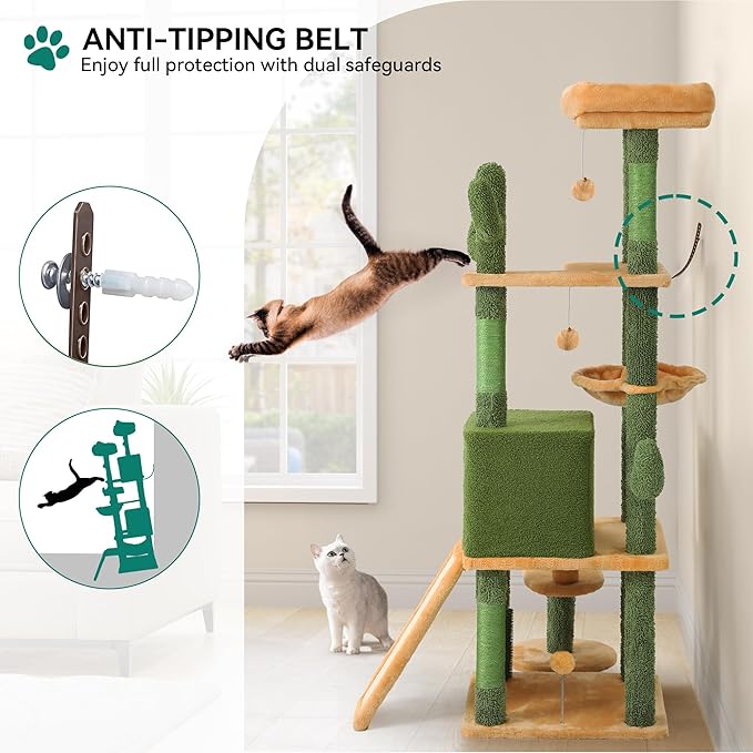 YITAHOME 60in Cactus Cat Tree: Multi-Level Tall Kitty Tower Indoor, Large Kitten Condo with Plush Platform, Hammock, Scratching Posts, and Dangling Balls for 2-3 Cats