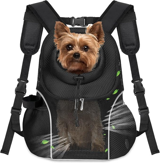 WOYYHO Pet Dog Carrier Backpack Small Dog Front Backpack Ventilated Mesh Dog Travel Back Pack with Safety Belt for Travel Hiking Cycling Outdoor Adventures (Size L: 10-14 lbs, Black)