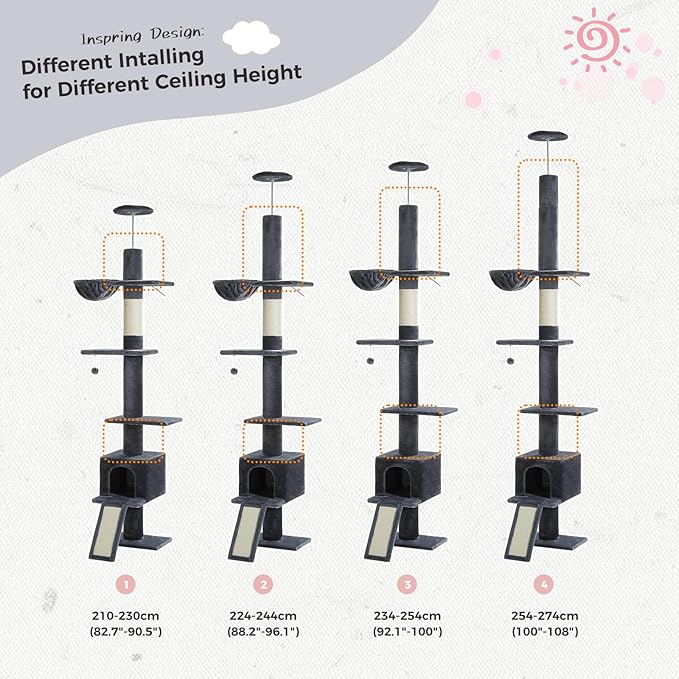 PETEPELA Floor to Ceiling Cat Tree[83"-108"], Cat Tower 5 Levels, Height Adjustable, Cat Scratching Post with Top Perches and Spacious Condo for Large Indoor Cats, Dark Grey