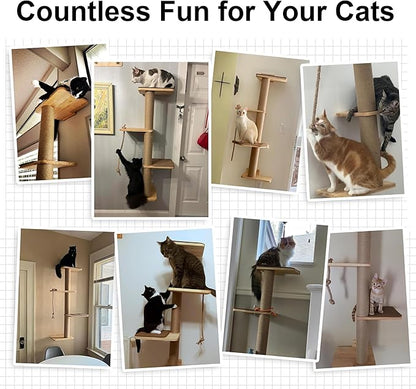 FUKUMARU Cat Scratching Activity Tree Wall Mounted, 50 Inch Cats Scratch Post, with Kitten Bed, Rubber Wood Scratcher Posts, Large