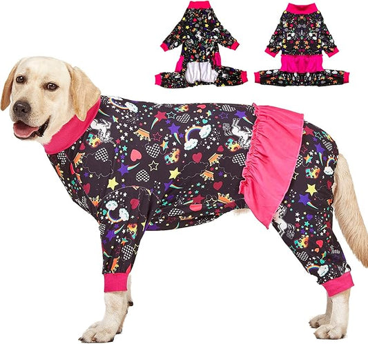 LovinPet Large Breed Dog Pajamas, Wound Care/Post Surgery Recovery Shirt for Large Dogs, Unicorn and Rainbow Black Print, Stop Shedding for Dogs, Pitbull Clothes, Bodysuit Dog Jammies, L
