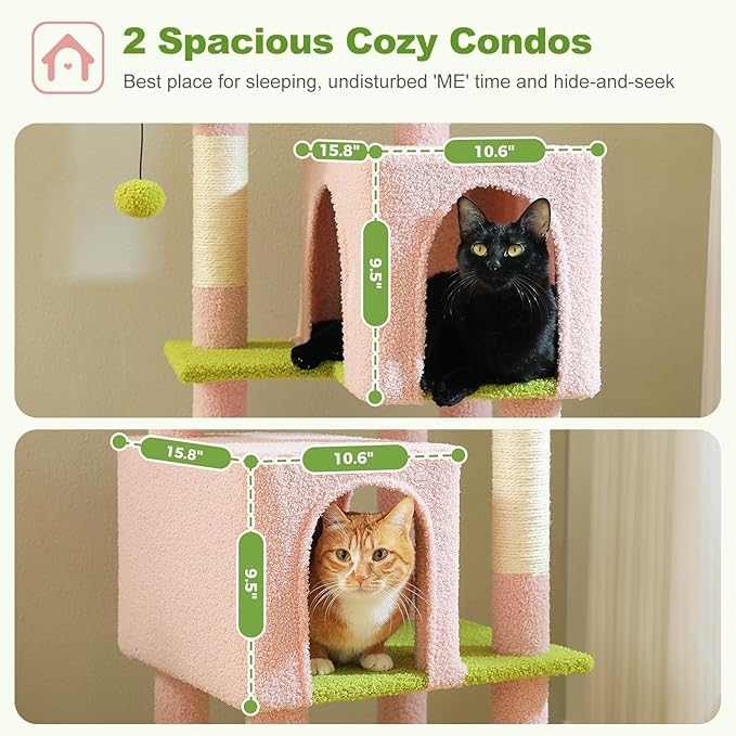 62" Flower Cat Tree for Indoor Cats, Multi-Level Cat Tower with 2 Spacious Condos, Dual Top Perches, Scratching Pad, 4 Scratching Posts, 2 Pompoms, Pink