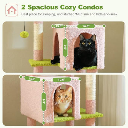 62" Flower Cat Tree for Indoor Cats, Multi-Level Cat Tower with 2 Spacious Condos, Dual Top Perches, Scratching Pad, 4 Scratching Posts, 2 Pompoms, Pink