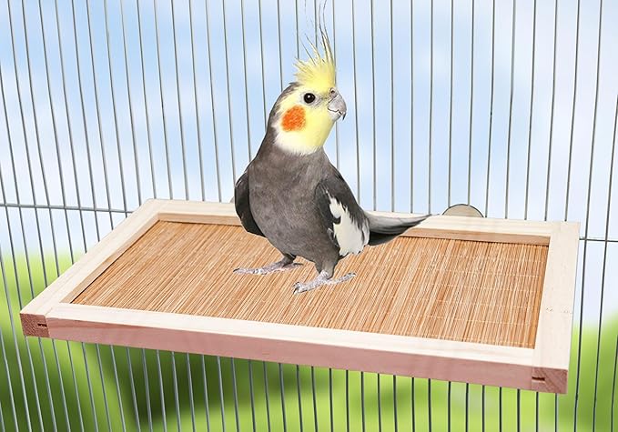 11.8×7.1 Inches Bird Perch Stand Platform, Natural Wooden and Bamboo Small Animals Cage Accessories, Suitable for Parrot Parakeet Cockatiel Rat Hamster Guinea Pig Conure Chinchillas