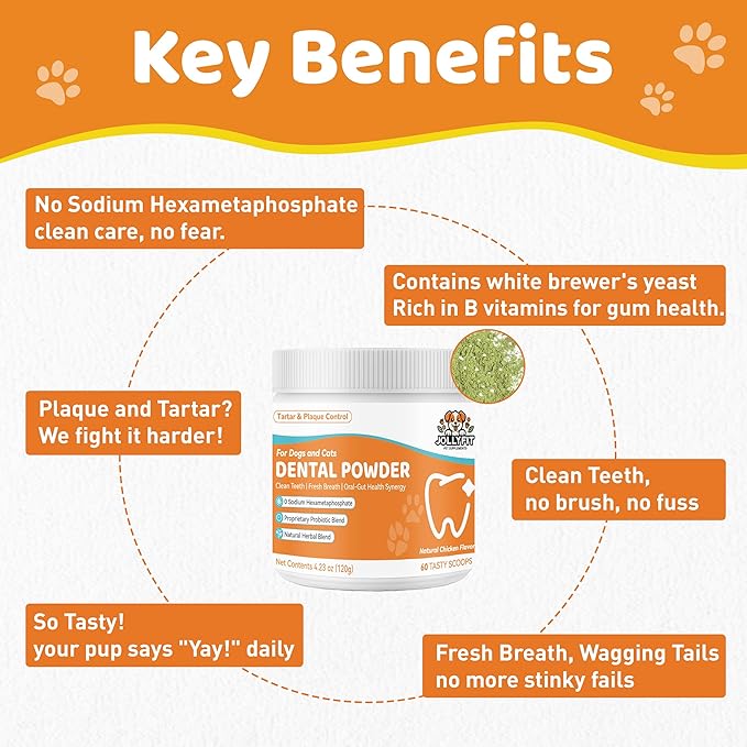 Dog Teeth Cleaning Powder - Natural Dog Dental Powder -Gentle Dog Breath Freshener, Dog Plaque and Tartar Remover, Vet Formulated No Sodium Hexametaphosphate- 60 Scoops, 4.23oz (120g)