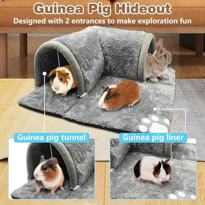 PINVNBY Guinea Pig Hideout Tunnel with Removable Base & 2 Liners and Washable Soft Rabbit Bed & Small Animal Tunnel Tube Cage Accessories for Chinchillas, Hamsters, Ferrets, Bunny（Grey）