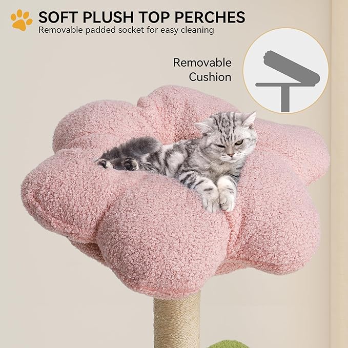 YITAHOME 65in Tall Flower Cat Tree Tower: Cute Kitten Climbing Tower for Indoor Cats with Kitty Condo Basket Tunnel Sisal Scratching Posts and Board, Pink and Green