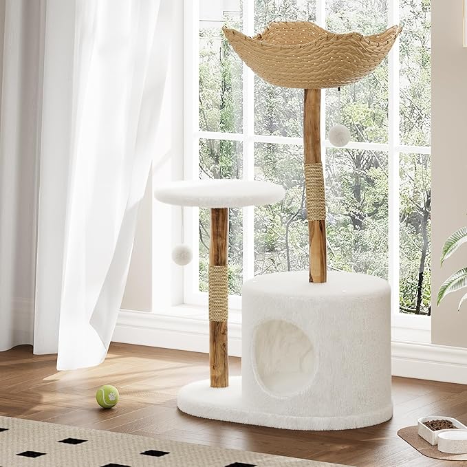 41''Contemporary Natural Wood Cat Tower, Aesthetic Feline Climbing Structure with Spacious Rattan Basket, Scratching Posts, Real Branch Design, White Luxury Perch for Rest and Play