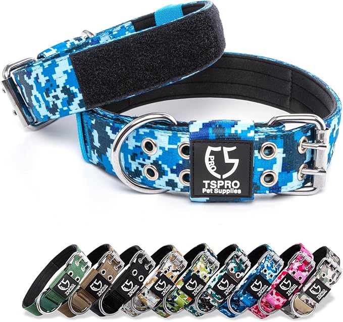 TSPRO Tactical Dog Collar, Adjustable, with Patch & Double Needle Metal Buckle, Heavy Duty for Large to Extra Large Dogs, Durable for Walking, Running, Hiking & Training (Camo Blue L-XL)