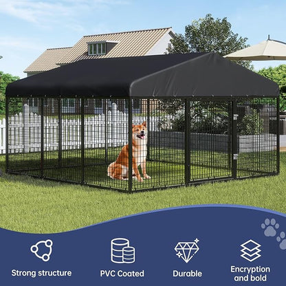 118" x 118" Outdoor Dog Kennel Steel Ideal Dog Fence for Medium/Small Dogs Anti-Rust Coating Cage with Roof All Weather Resistant Dog House with Double Locks