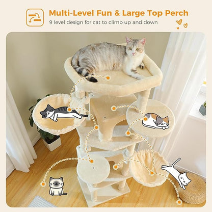 Tall Cat Tree for Indoor Cats Large Adult, 71.2" Multi-Level Cat Tower with 2 Spacious Condos, 3 Hammocks, Super Large Top Perch, 2 Pompoms, Beige