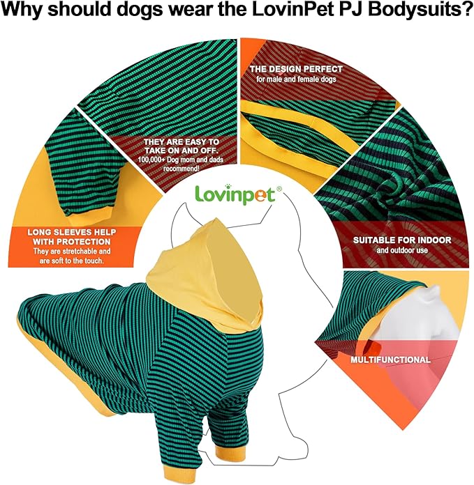 LovinPet Large Dog Pajamas, Cotton Green Stripe Dog Shirt, Pet Pajamas for Dogs, Onesies for Dogs, Stop Shedding for Dogs, Pitbull Shirt, Pet PJ's, L