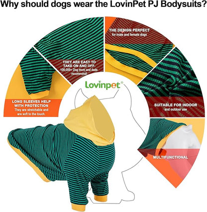 LovinPet Large Dog Pajamas, Cotton Green Stripe Dog Shirt, Pet Pajamas for Dogs, Onesies for Dogs, Stop Shedding for Dogs, Pitbull Shirt, Pet PJ's, XL