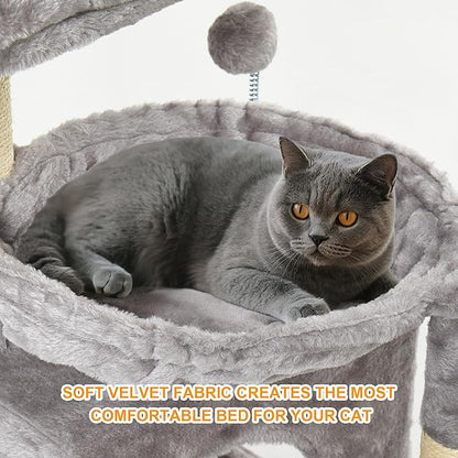 37-inch Cat Tree Tower with Multi-Level Cat Condo, Scratching Posts,2-Door Cat Cave,Light Grey