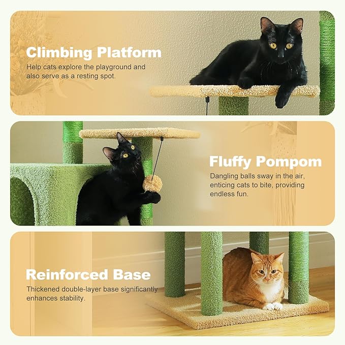 62" Cactus Cat Tree for Indoor Cats, Multi-Level Cat Tower with 2 Spacious Condos, Dual Top Perches, Scratching Pad, 4 Scratching Posts, 2 Pompoms, Green