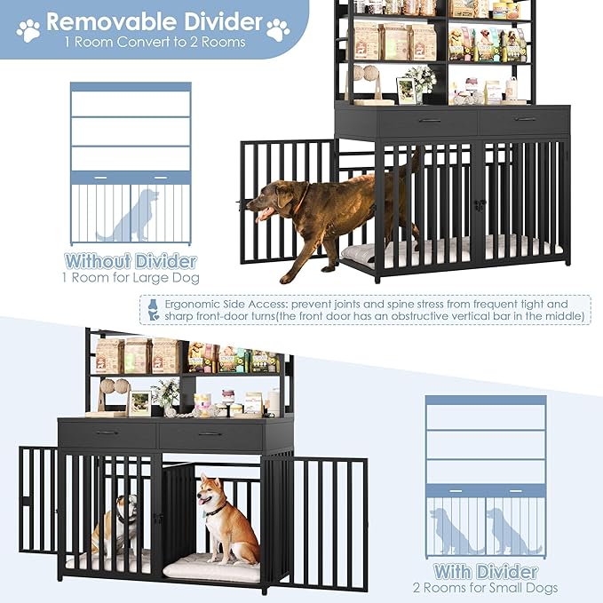 Keyluv 71''H x 47.2''W Large Dog Crate Furniture with 4-Tier Shelves and 2 Storage Drawers, Heavy Duty Dog Cage Furniture with 2 Doors, Wood & Metal Dog Kennel Indoor for Small/Medium/Large Dog, Black