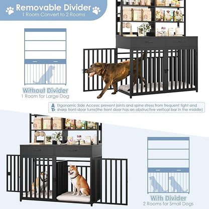 Keyluv 71''H x 47.2''W Large Dog Crate Furniture with 4-Tier Shelves and 2 Storage Drawers, Heavy Duty Dog Cage Furniture with 2 Doors, Wood & Metal Dog Kennel Indoor for Small/Medium/Large Dog, Black