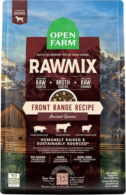 Open Farm, RawMix Dry Dog Food with Ancient Grains, Protein-Packed Kibble Coated in Bone Broth with Freeze Dried Raw Chunks, Beef Pork & Lamb, Front Range Recipe, 3.5lb Bag