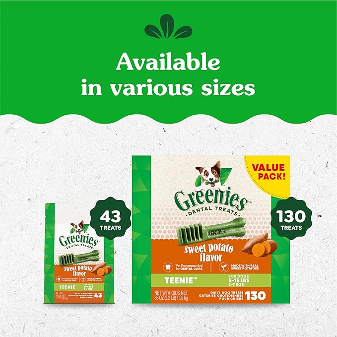 Greenies Teenie Dental Dog Treats, Sweet Potato Flavor, 36 oz. Pack (130 Treats)