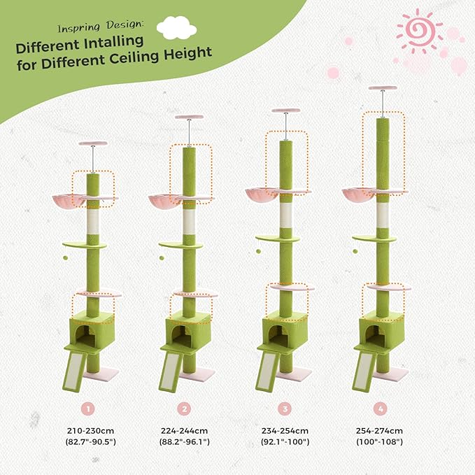 PETEPELA Floor to Ceiling Cat Tree[83"-108"], Cat Tower 5 Levels, Height Adjustable, Cat Scratching Post with Top Perches and Spacious Condo for Large Indoor Cats, Pink