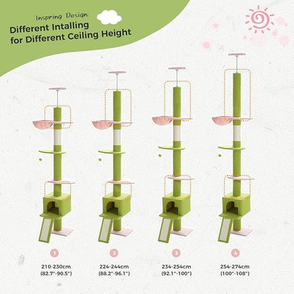 PETEPELA Floor to Ceiling Cat Tree[83"-108"], Cat Tower 5 Levels, Height Adjustable, Cat Scratching Post with Top Perches and Spacious Condo for Large Indoor Cats, Pink